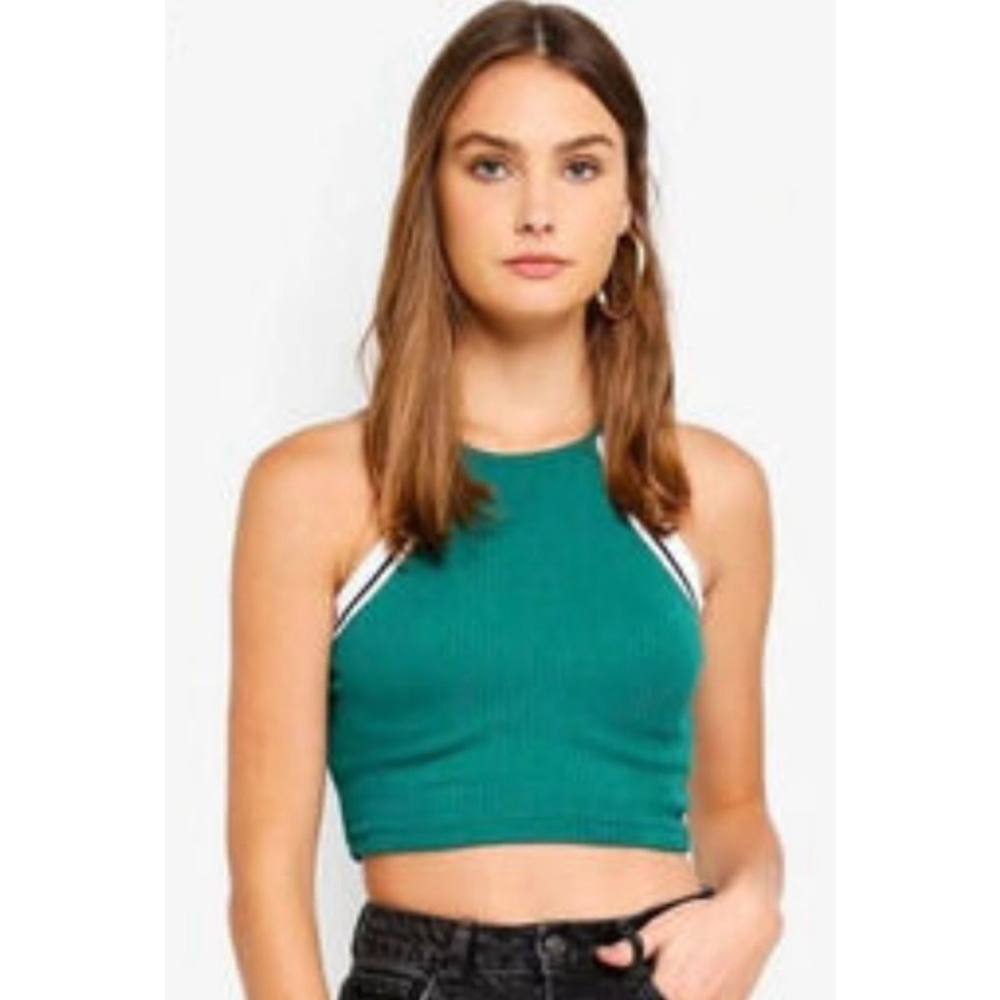 Topshop Teal & White Ribbed Halter Crop Top US 6